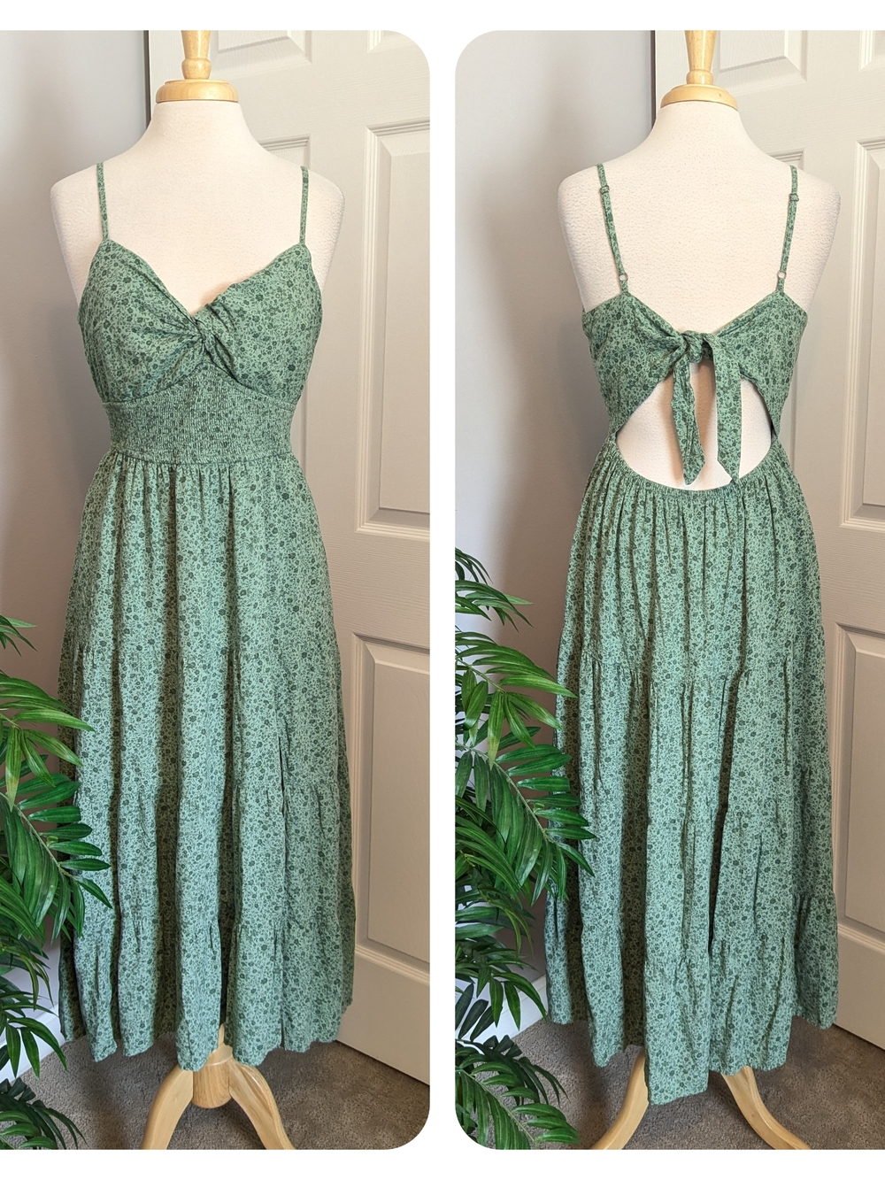 Hollister Green Floral Twist Bust Tie-Back Midi Dress With Slit XL - Picture 3 of 10